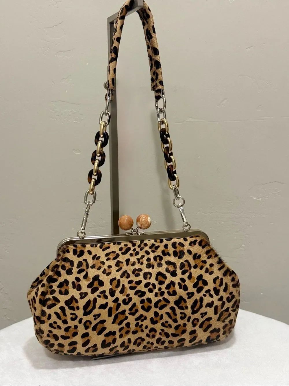 Leopard Print Hair-on Cowhide Handmade Kisslock Clutch Bag, Multi Use Style